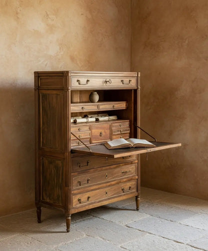 Secreter antiguo de nogal con tapa abatible estilo Luis XVI (Siglo XIX)