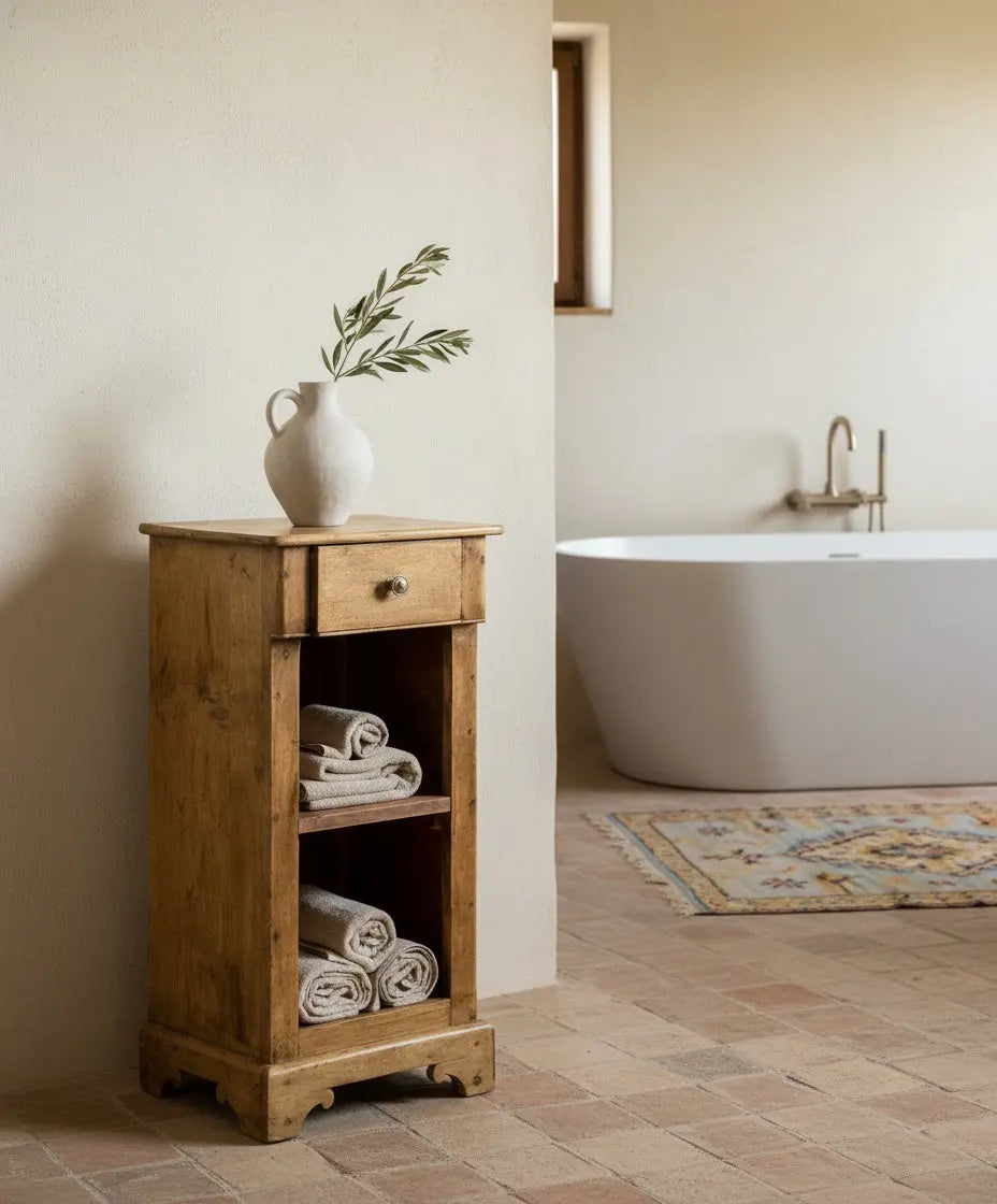 Mesita auxiliar alta de estilo rústico antiguo en madera lavada