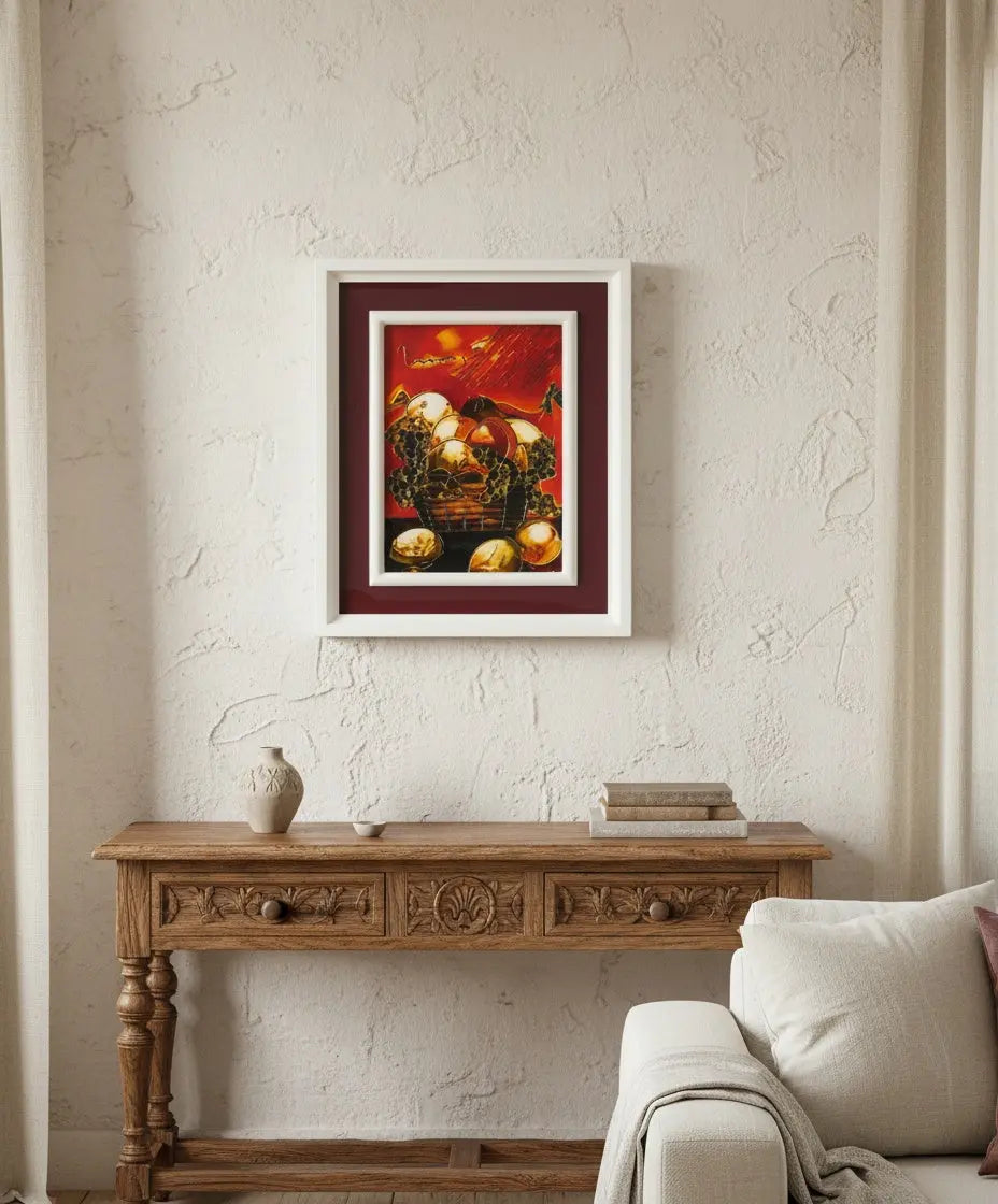 Cuadro Vintage de esmalte a baja temperatura: bodegón de frutas años 70 (Autor: Vanessa / Saladrigas)