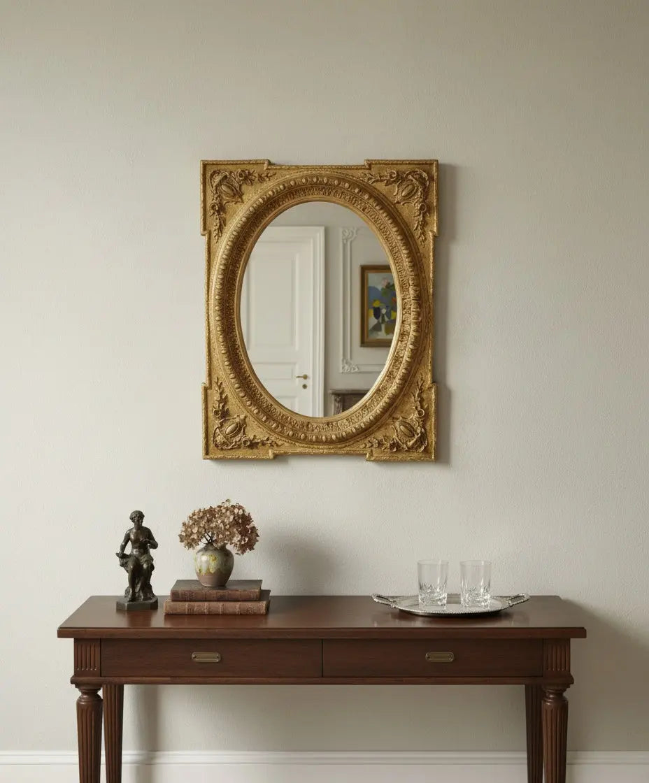 Espejo de pared vintage dorado estilo neoclásico con marco rectangular y luna ovalada.