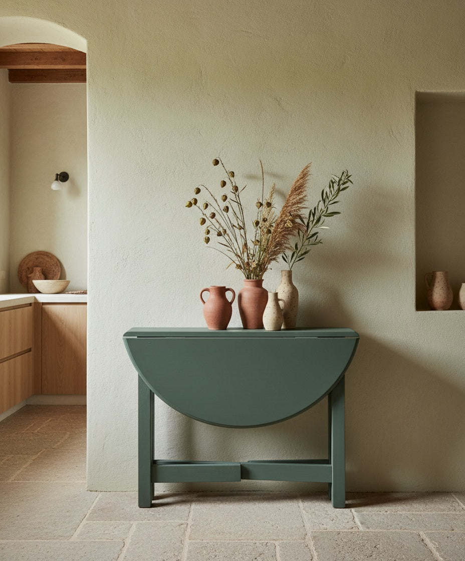 Mesa consola plegable de madera verde laurel estilo vintage vista de perfil cerrada.