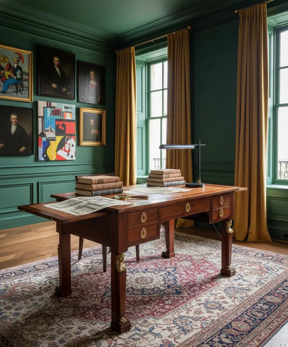 Elegante despacho clásico con escritorio antiguo estilo Imperio de caoba en el centro de la habitación.