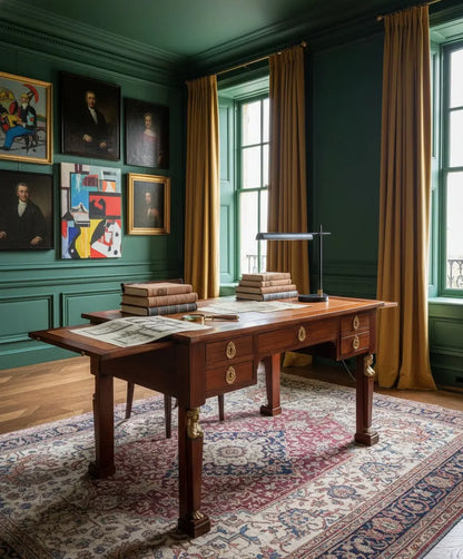 Elegante despacho clásico con escritorio antiguo estilo Imperio de caoba en el centro de la habitación.
