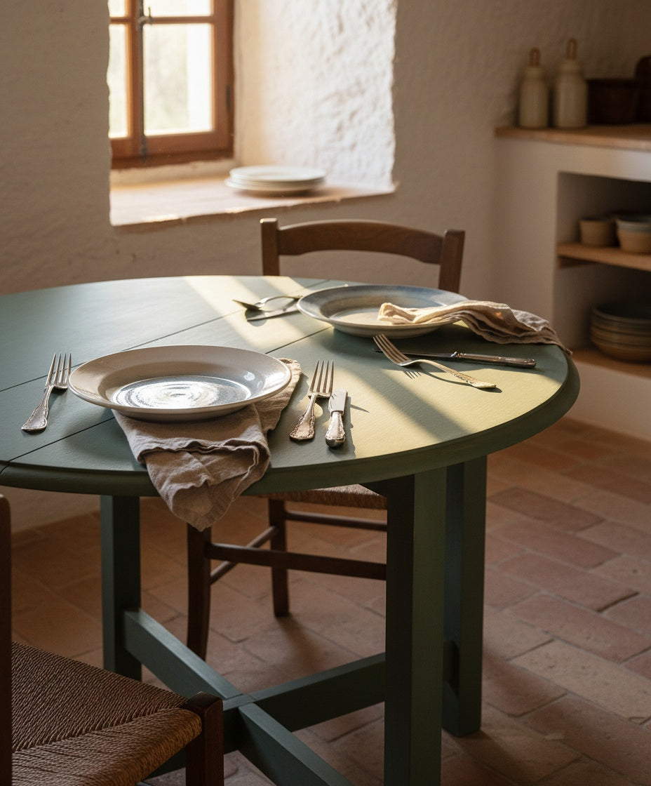 Vista superior de la superficie circular de la mesa de madera verde laurel.
