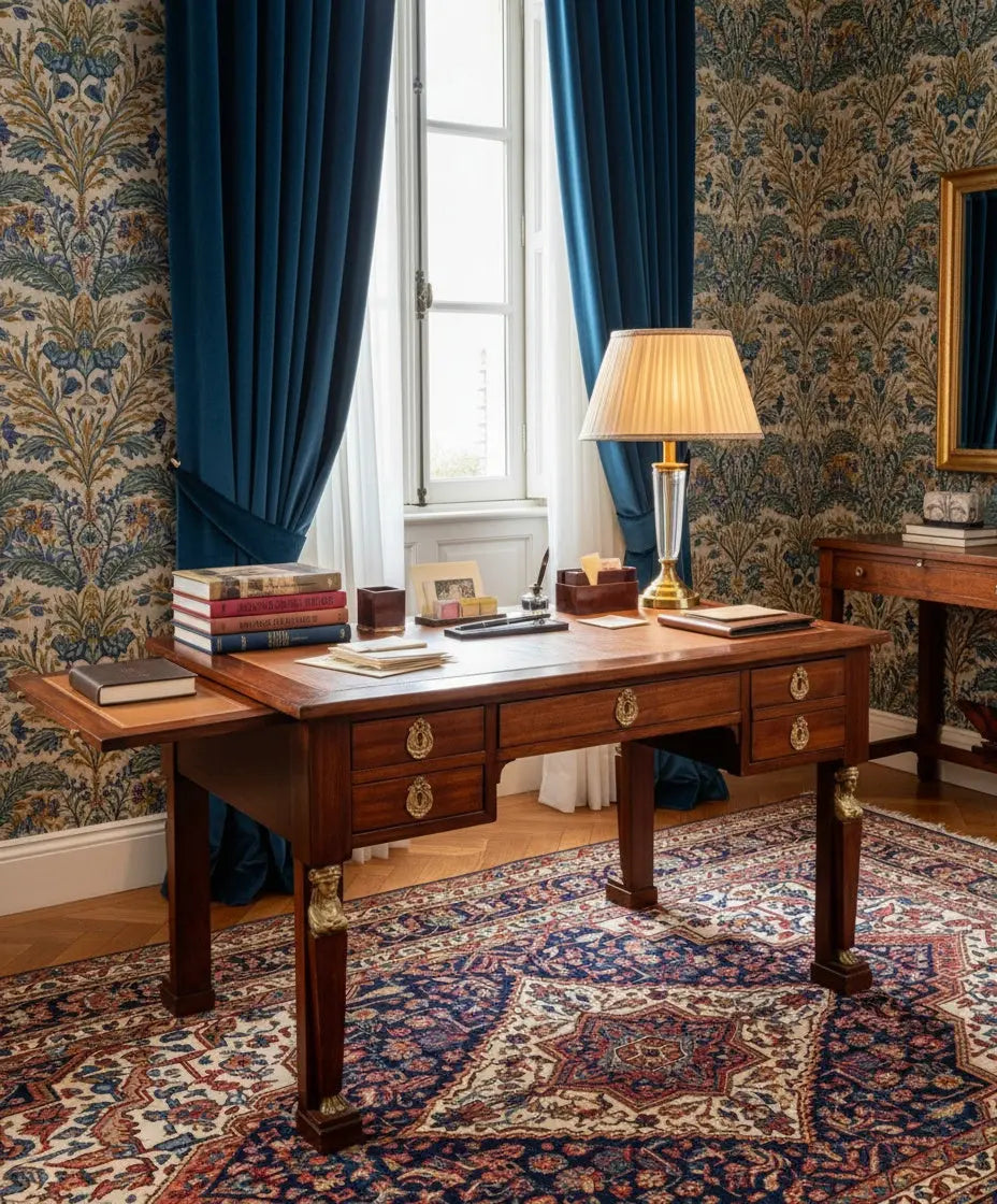 Escritorio antiguo de centro estilo Imperio en caoba con alas extraíbles y bronces