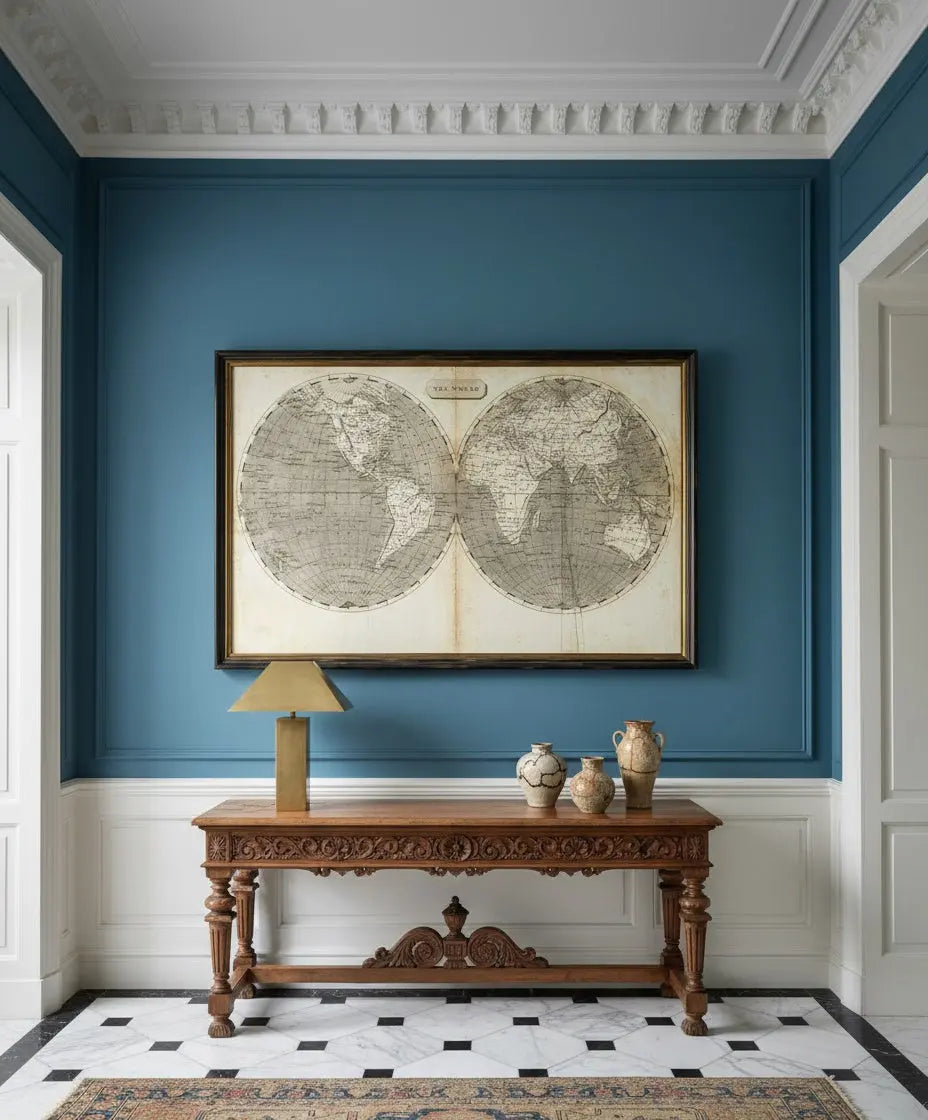 Gran mapa mundi vintage enmarcado de doble hemisferio (160 x 110 cm)