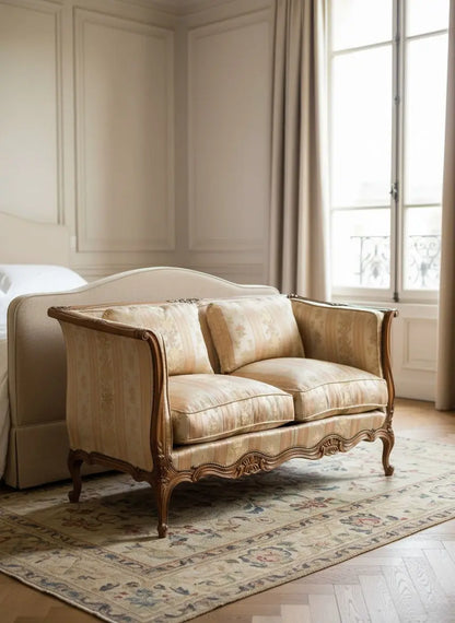 Sofá canapé estilo Luis XV tapizado en damasco floral