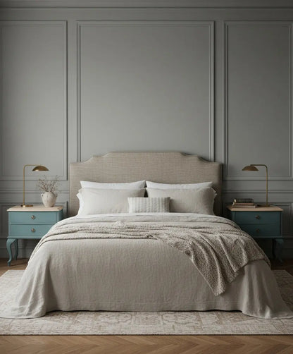 Dos mesillas auxiliares clásicas azules con patas curvas cabriolé y tapa clara.