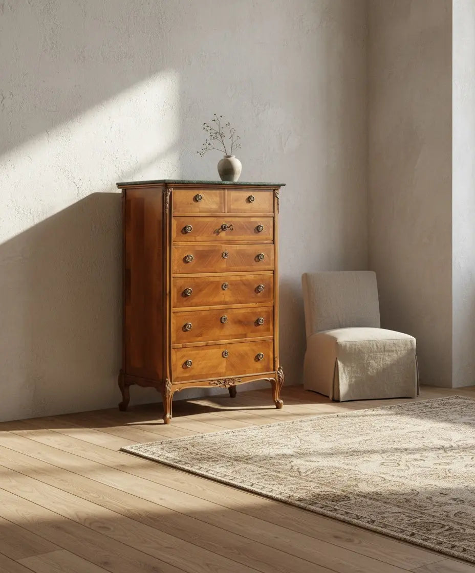 Sinfonier semanario antiguo de estilo francés con marquetería y tapa de mármol verde