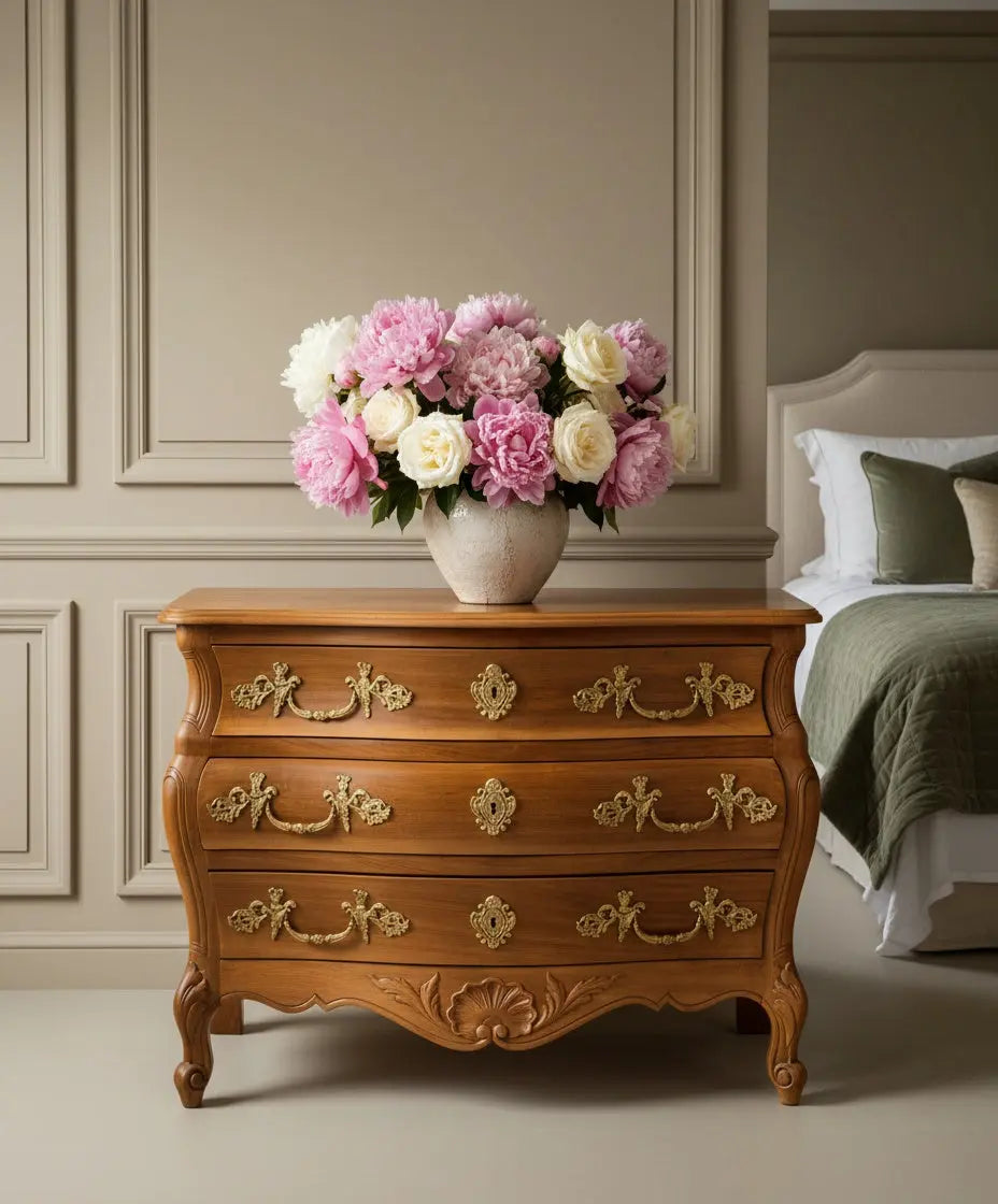 Cómoda bombé estilo Luis XV en madera con bronces