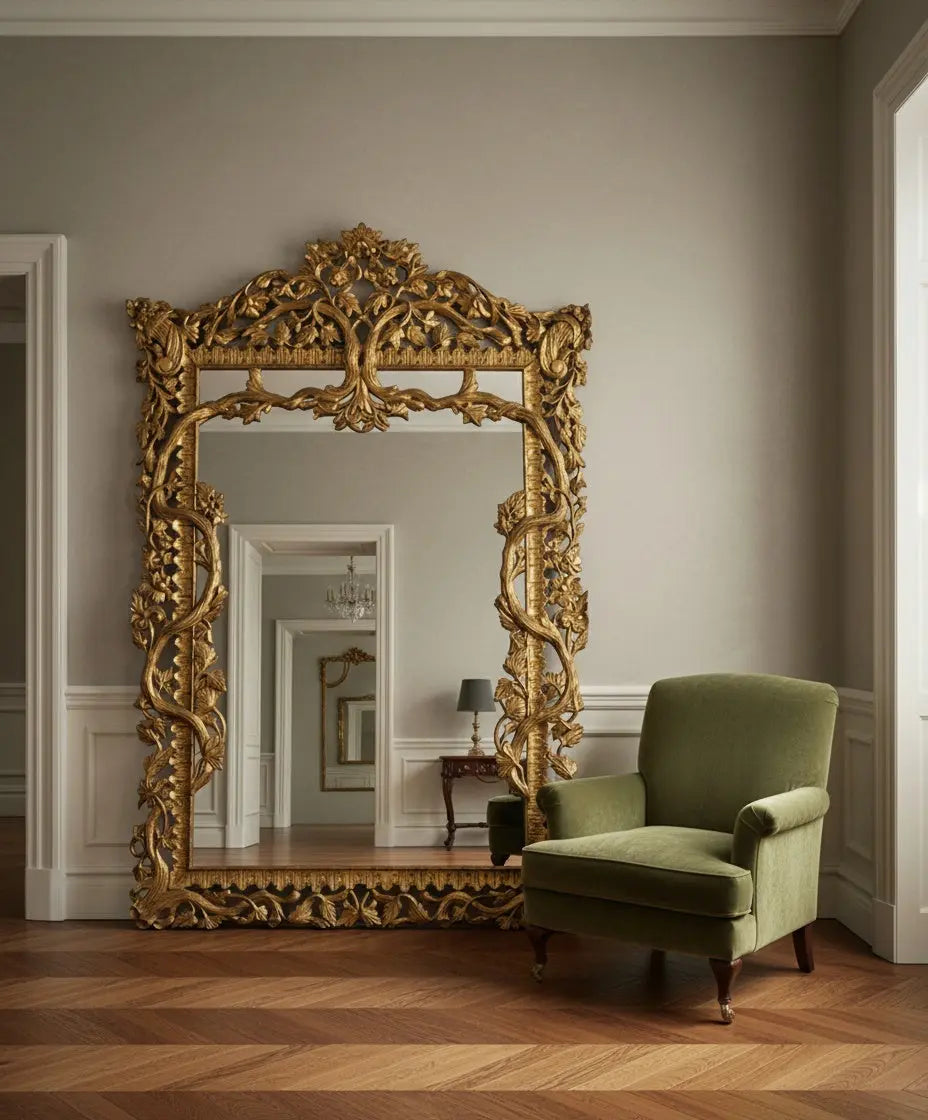 Espejo monumental dorado de 230 cm con marco de ramas caladas estilo rococó.