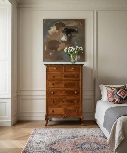 Sinfonier semanario antiguo de estilo francés con marquetería y tapa de mármol verde