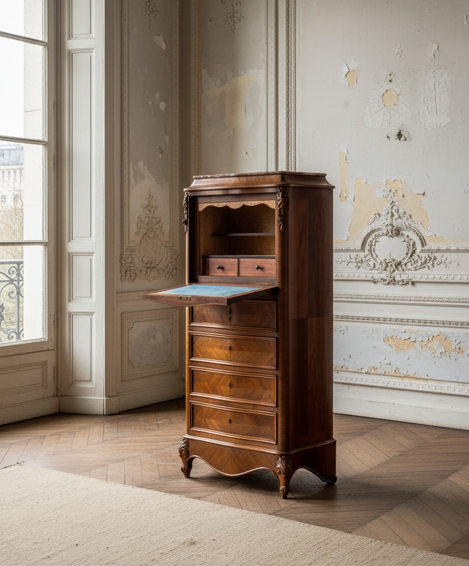Secrétaire-Semainier estilo Luis XV en marquetería de nogal y tapa de mármol