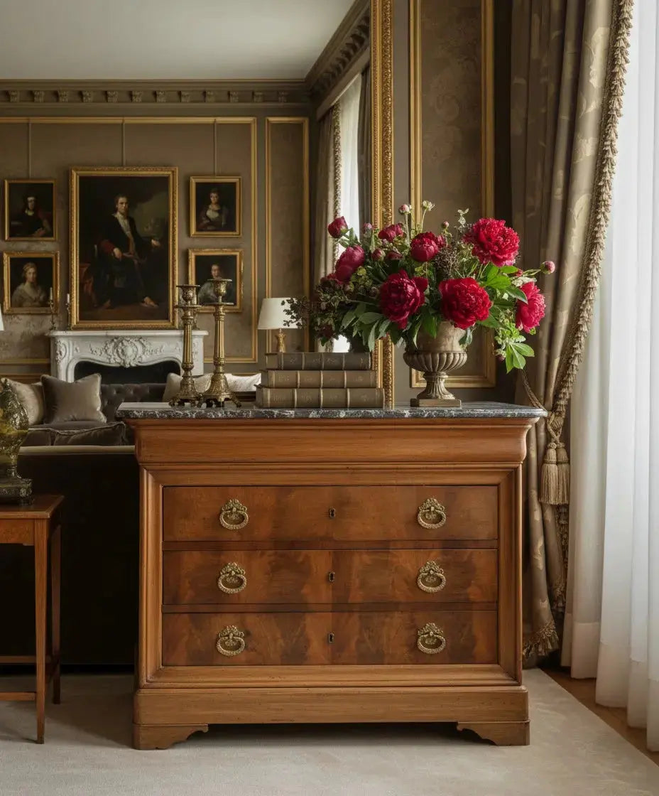 Cómoda antigua de estilo Luis Felipe con tapa de mármol gris (S. XIX) Antique arte y decoracion