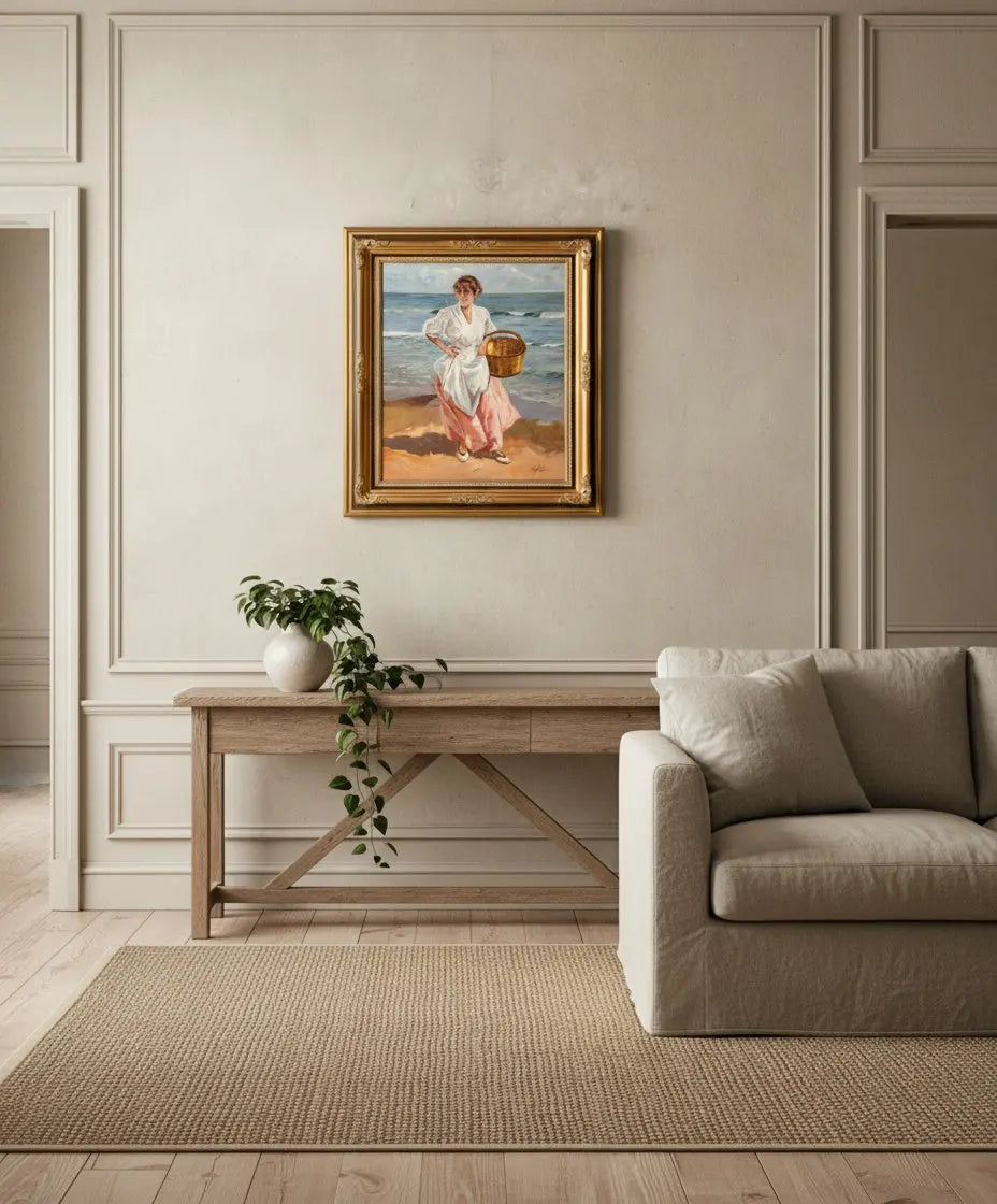 Cuadro con pintura costumbrista y marco dorado