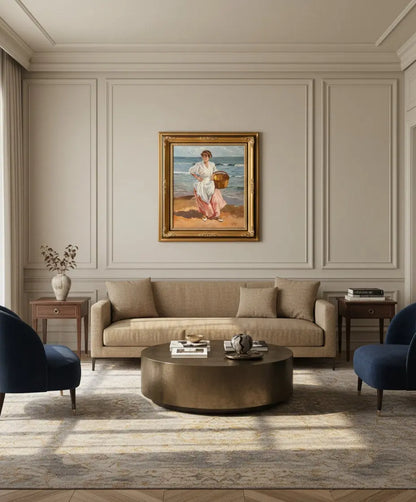 Cuadro con pintura costumbrista y marco dorado