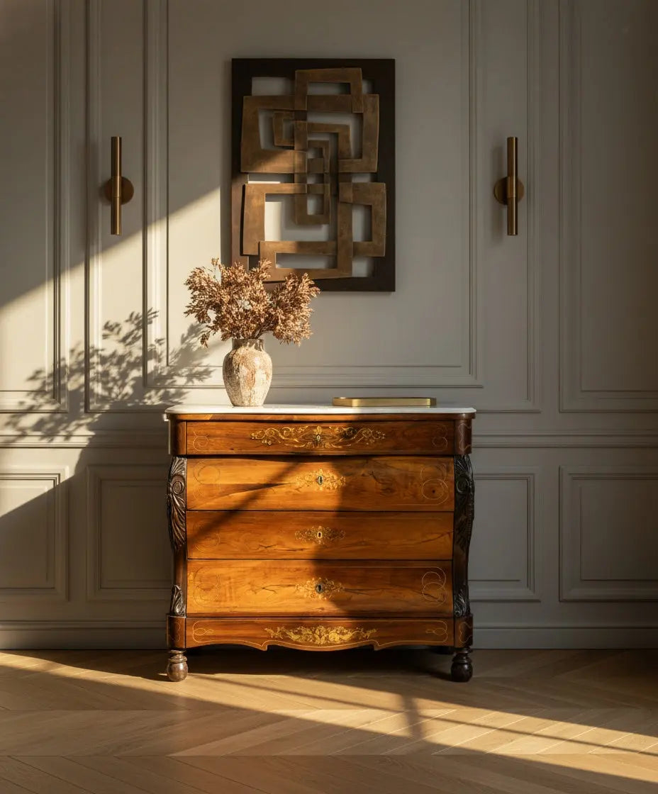 decorada en piso Cómoda monumental antigua del siglo XIX estilo Imperio con frente curvo en raíz de nogal y mármol blanco.