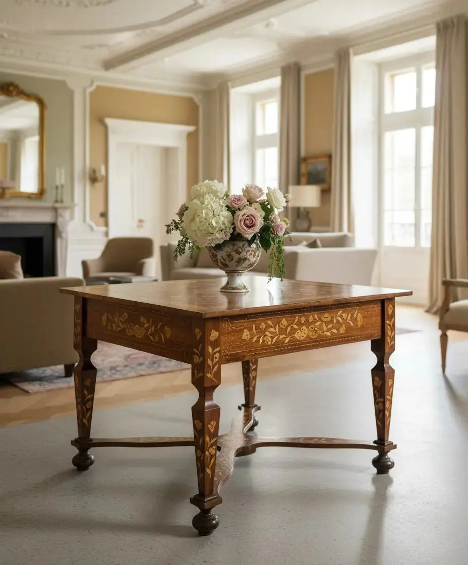 en salon clasico Mesa auxiliar antigua del siglo XIX con intrincada marquetería floral holandesa y chambrana en aspa.