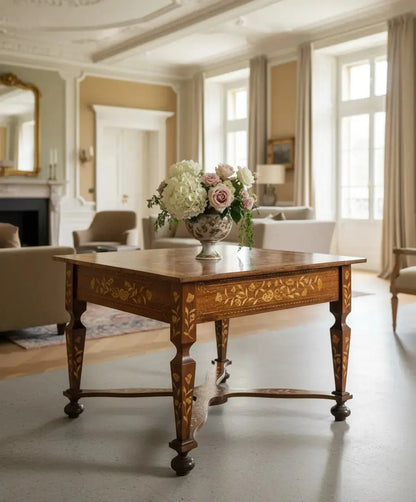 en salon clasico Mesa auxiliar antigua del siglo XIX con intrincada marquetería floral holandesa y chambrana en aspa.