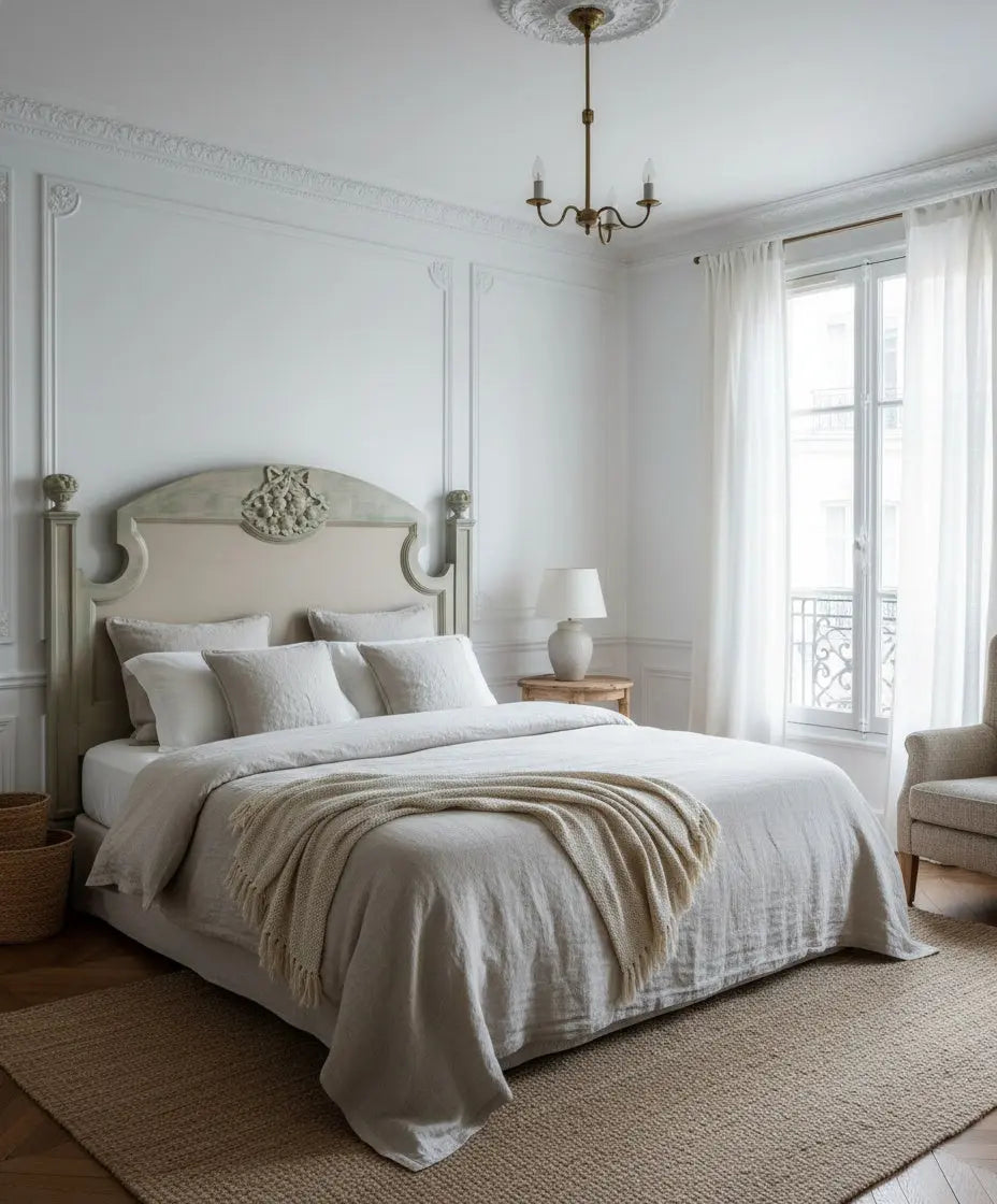 Cabecero de cama doble vintage de 160 cm en madera tallada pintado en color verde salvia estilo gustaviano en dormitorio de piso clasico