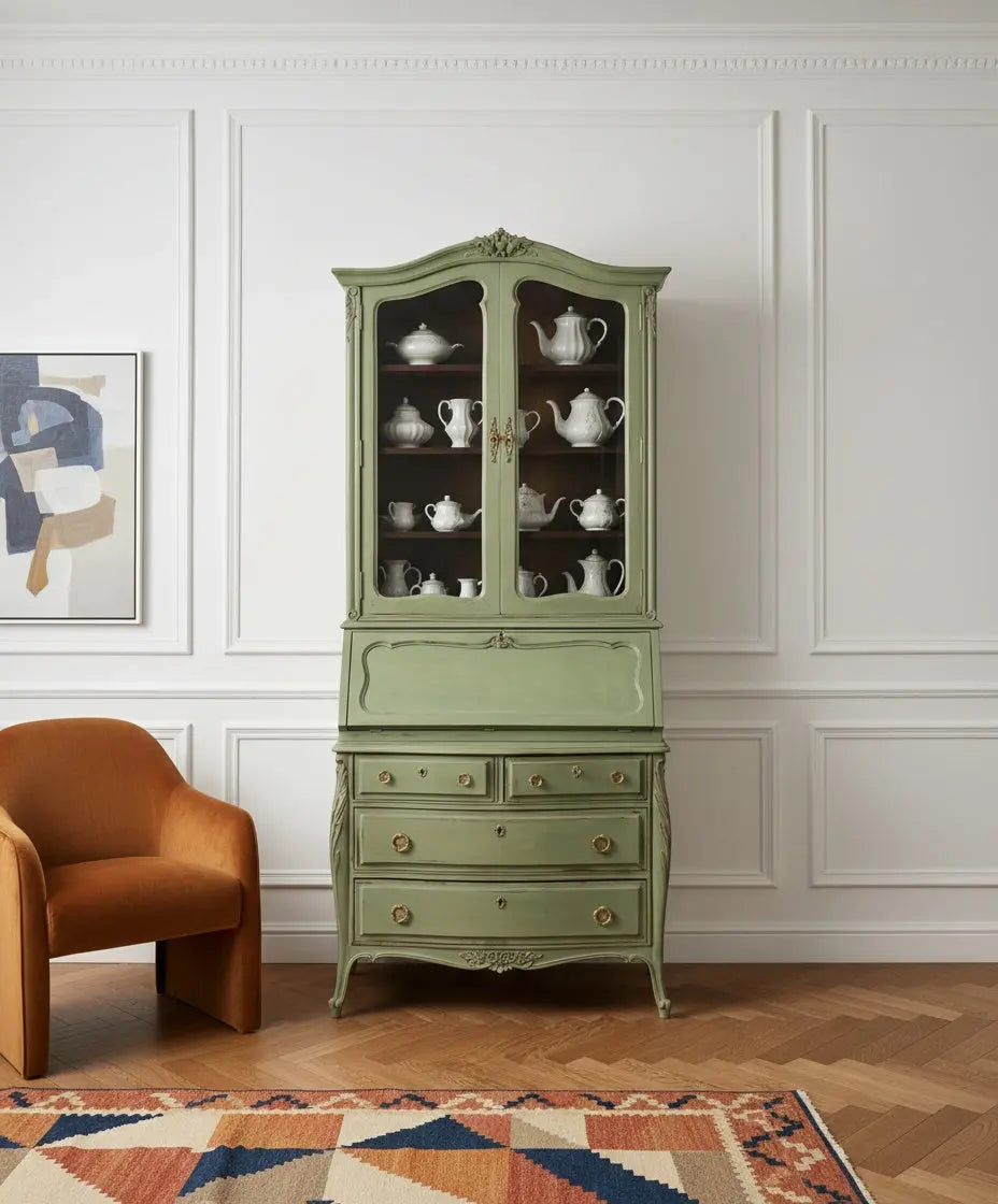 Bureau verde salvia decorando un salón clásico contemporáneo con libros antiguos y decoración sofisticada.