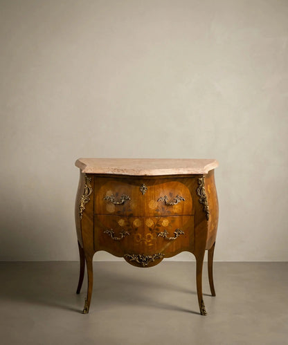 Cómoda bombé antigua de estilo Luis XV con Marquetería Floral y Mármol Rosa Antique arte y decoracion