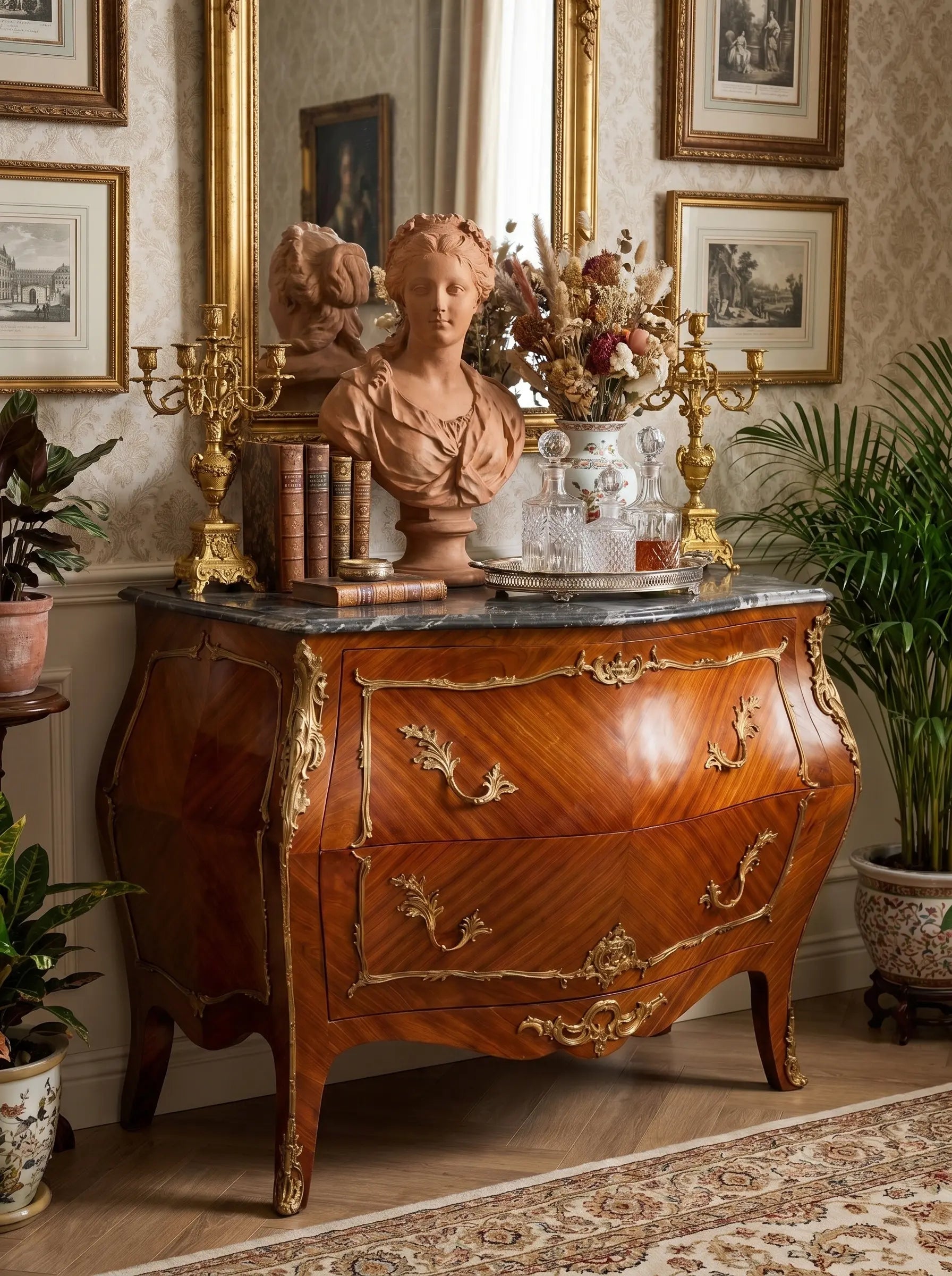 Gran cómoda bombé de estilo Luis XV en madera de palisandro con bronces dorados y tapa de mármol.