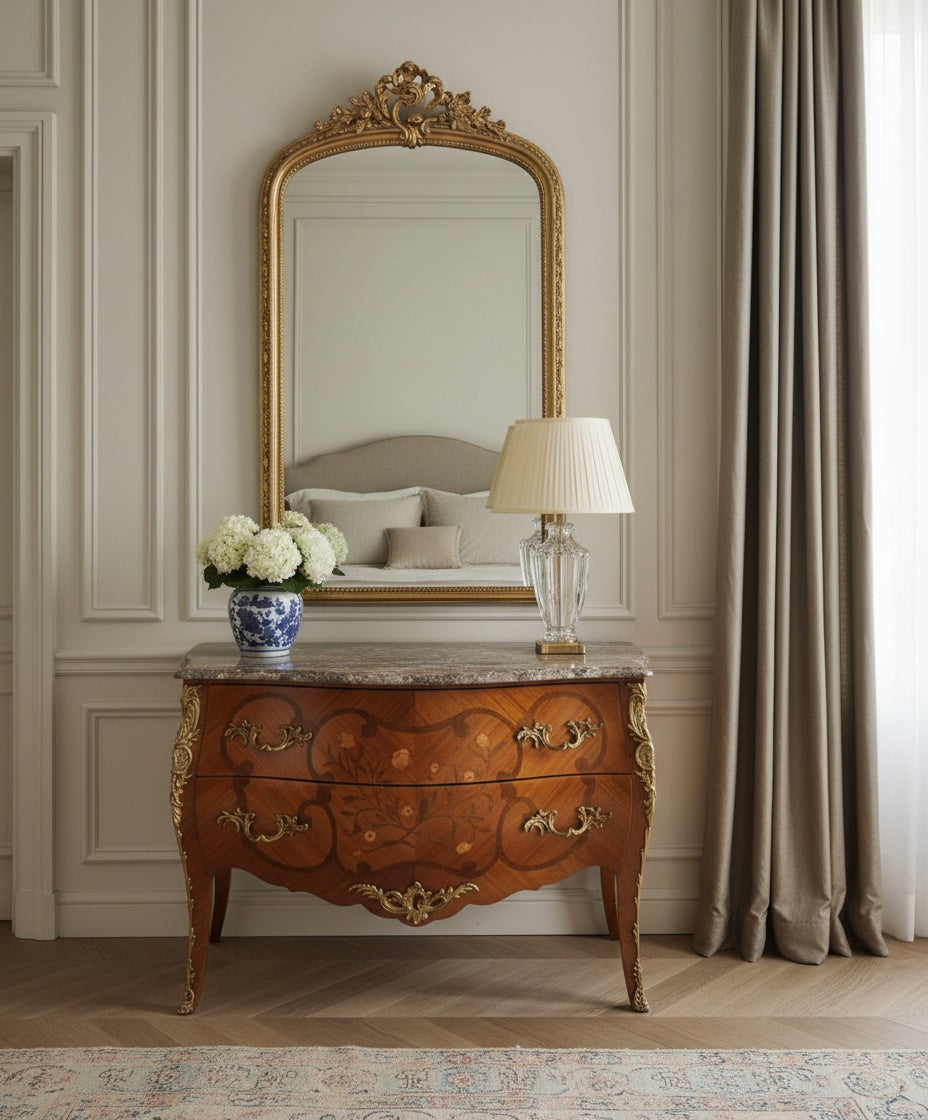 Cómoda Luis XV decorada en un dormitorio elegante con espejo dorado y lámpara de cristal, estilo interiorismo francés.
