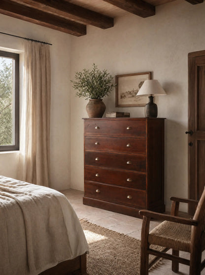 Cómoda alta sinfonier antiguo de madera maciza oscura con 6 cajones y tiradores de concha.