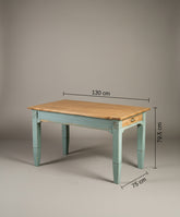 Gráfico de dimensiones de la mesa rústica: 130cm largo, 79.5cm ancho, 75cm alto