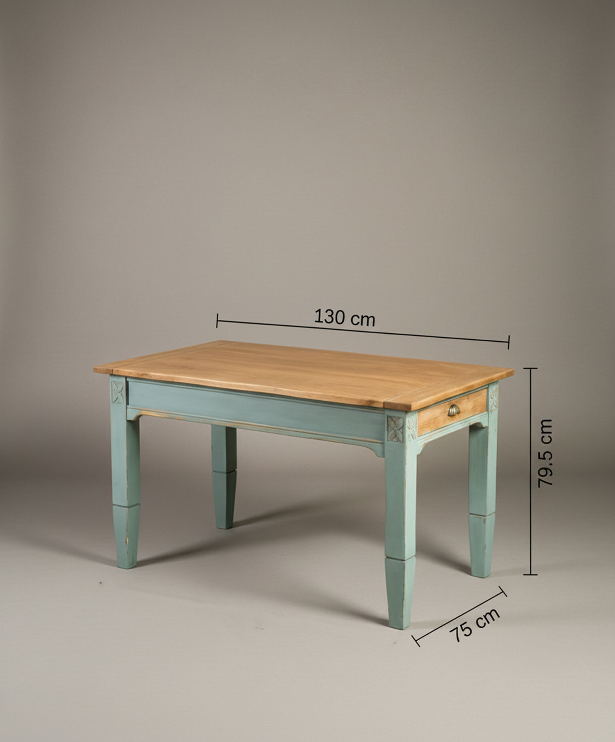 Gráfico de dimensiones de la mesa rústica: 130cm largo, 79.5cm ancho, 75cm alto