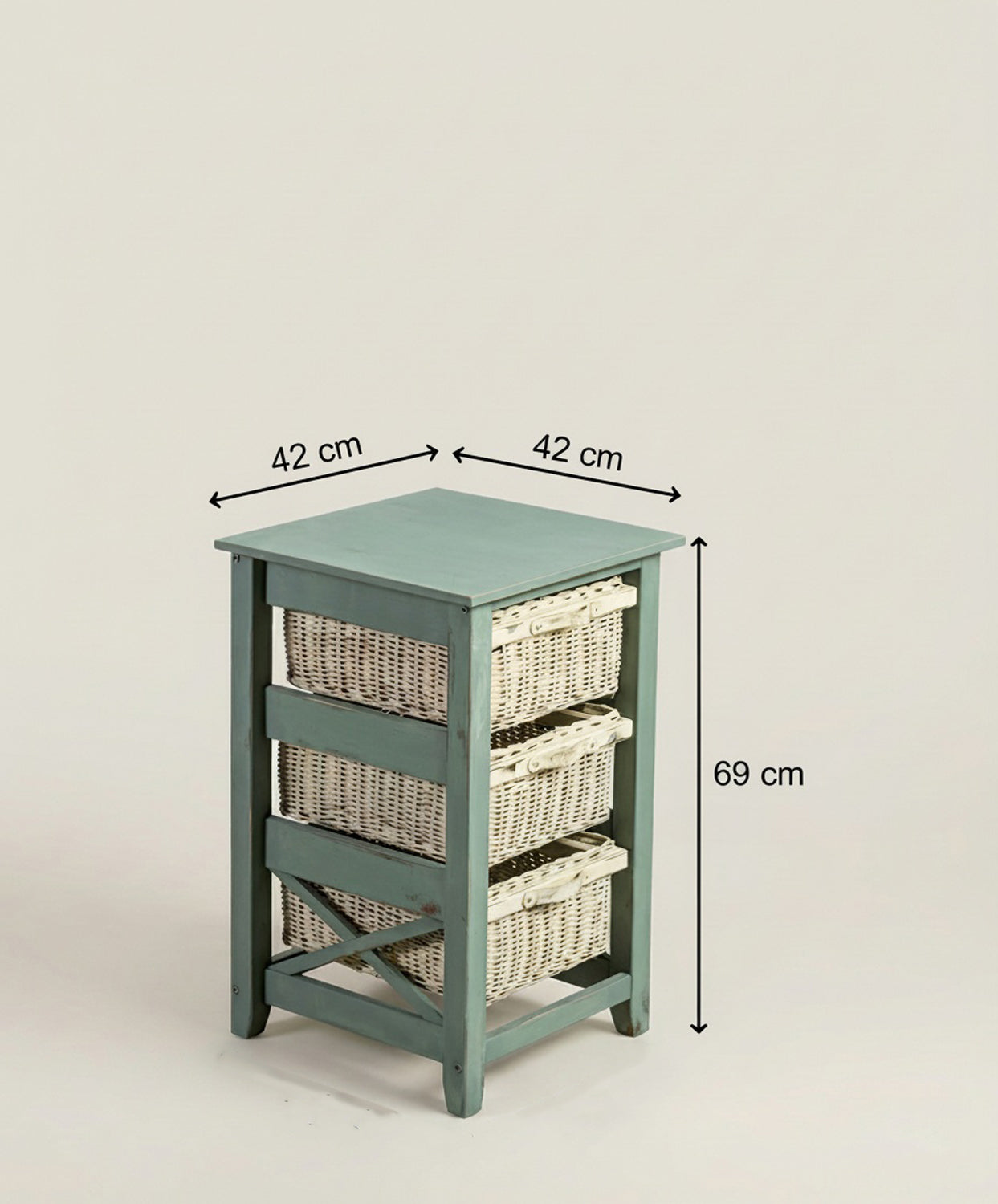 Esquema de dimensiones del mueble: 42 cm ancho, 42 cm fondo y 69 cm alto