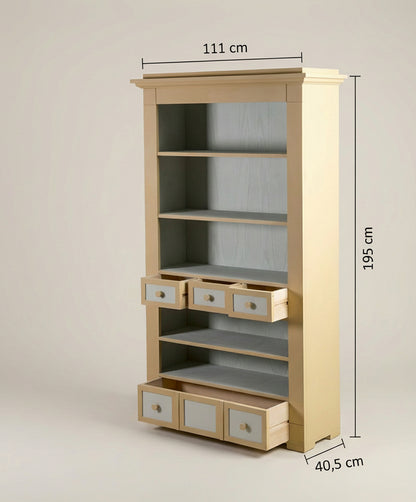 Esquema de dimensiones de la estantería: 111 cm ancho, 195 cm alto y 40,5 cm fondo