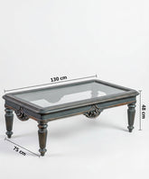 Mesa de centro clásica gris con tapa de cristal y medidas 130 cm de largo x 75 cm de ancho