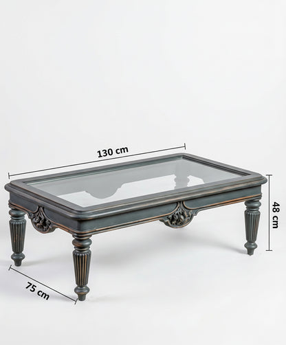 Mesa de centro clásica gris con tapa de cristal y medidas 130 cm de largo x 75 cm de ancho