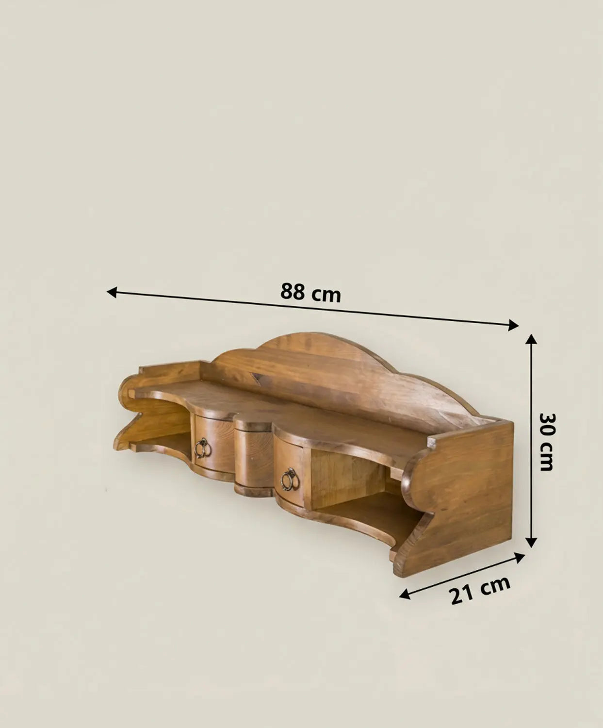 Esquema de dimensiones de la estantería: 88 cm de ancho por 30 cm de alto y 21 cm de profundidad