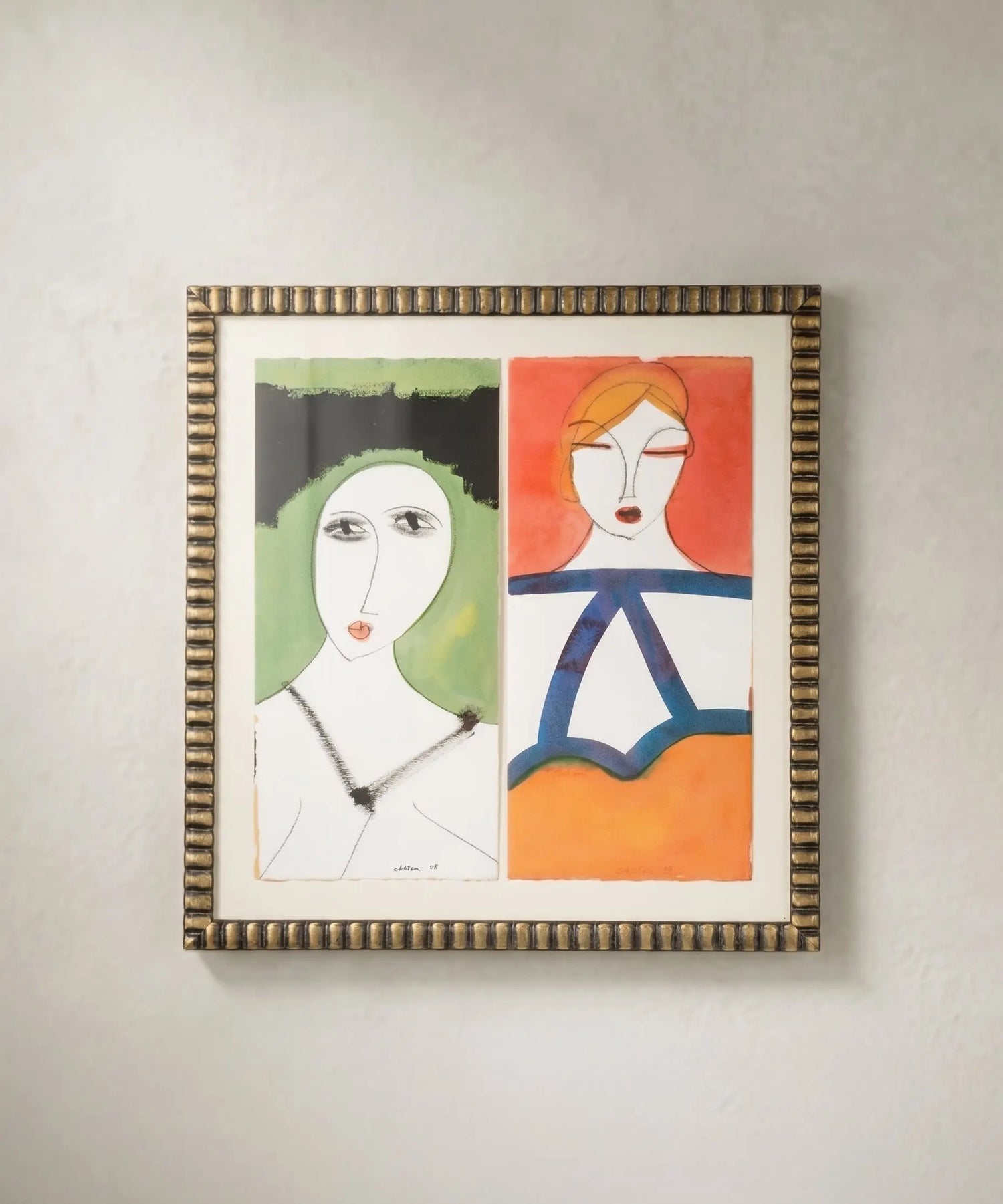 Cuadro contemporáneo figurativo firmado (2008) con marco clásico dorado