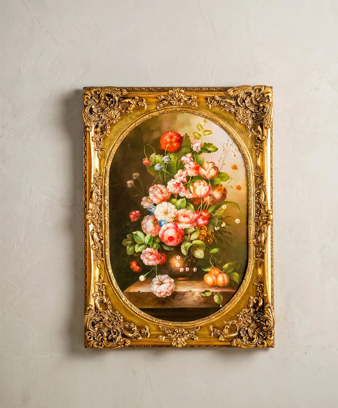 Bodegón flores pintado a mano óleo lienzo marco dorado rococó tallado — Antique Arte y Decoración