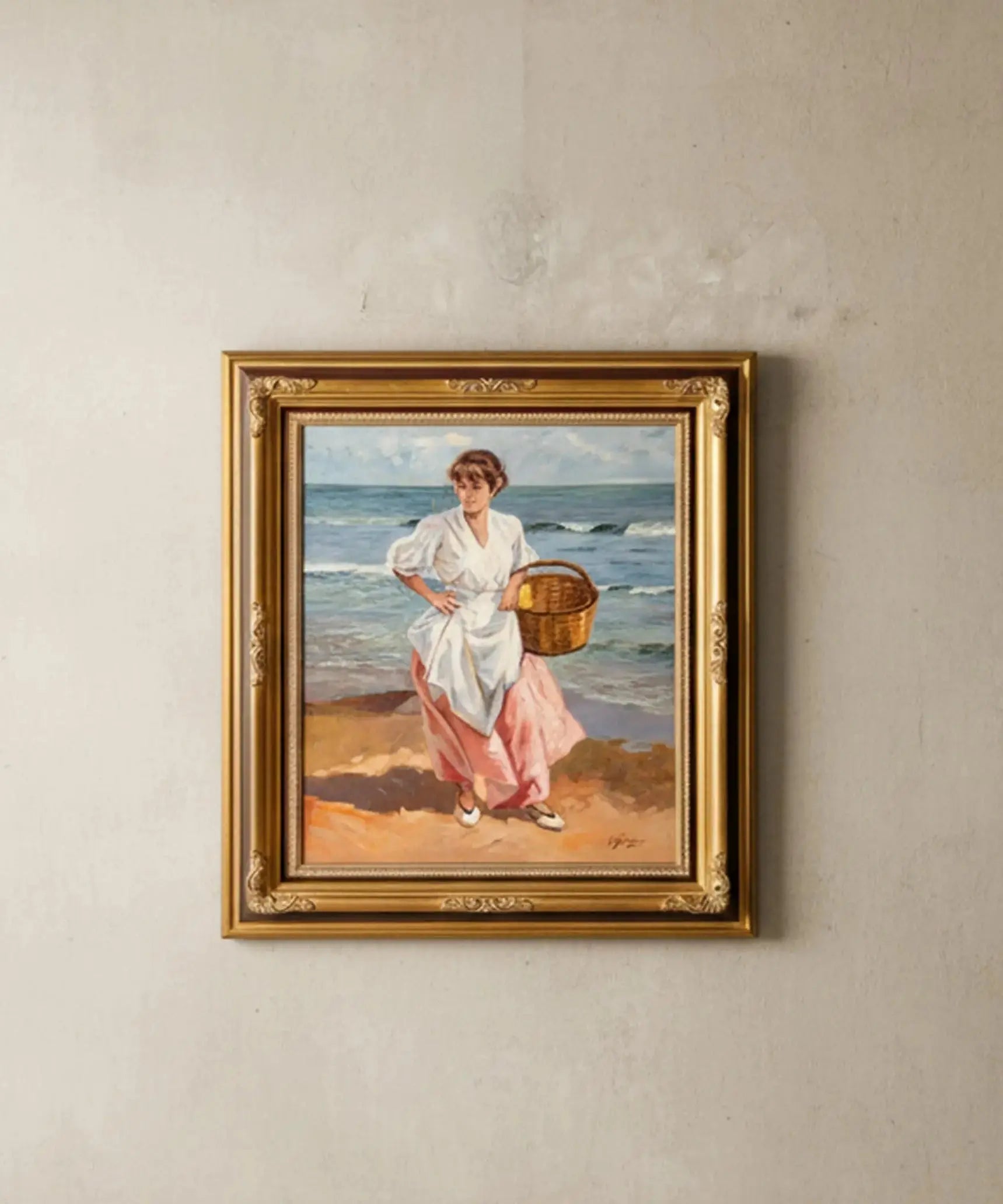 Cuadro con pintura costumbrista y marco dorado Antique arte y decoracion