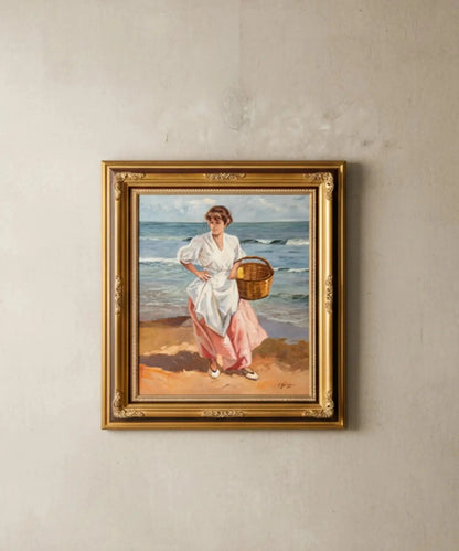 Cuadro con pintura costumbrista y marco dorado Antique arte y decoracion