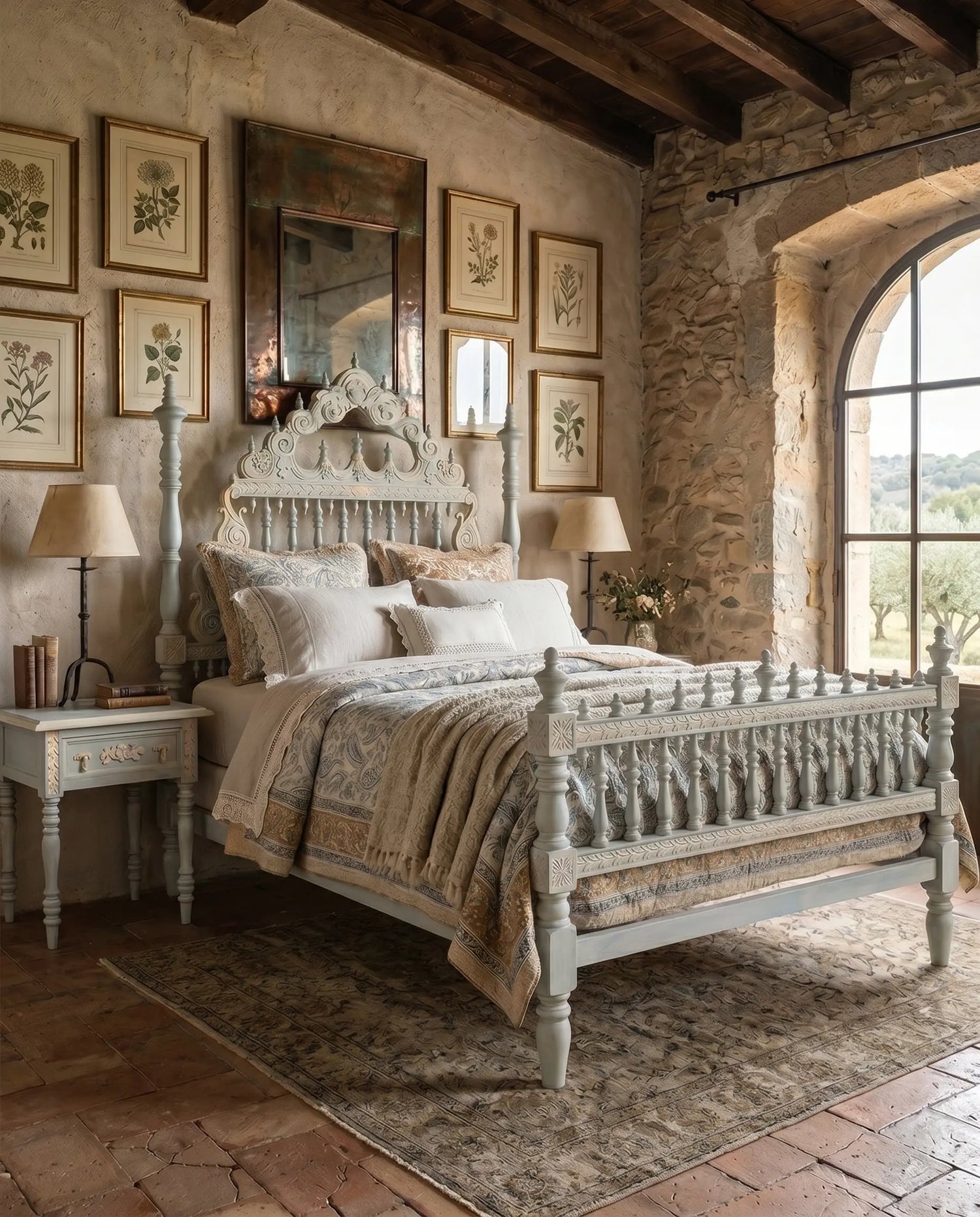 Pareja mesitas noche restauradas azul celadón crema junto a cama portuguesa en dormitorio rústico — Antique Arte y Decoración