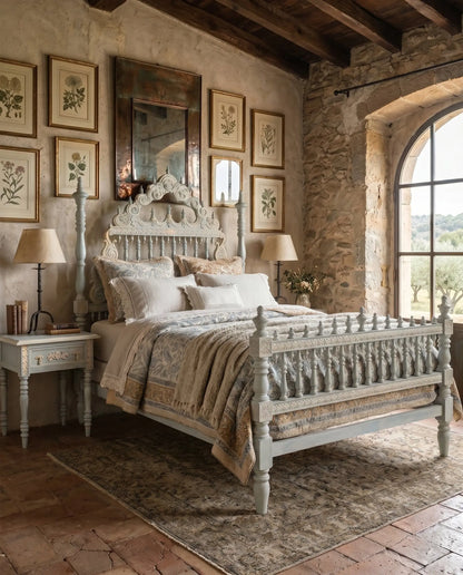 Pareja mesitas noche restauradas azul celadón crema junto a cama portuguesa en dormitorio rústico — Antique Arte y Decoración