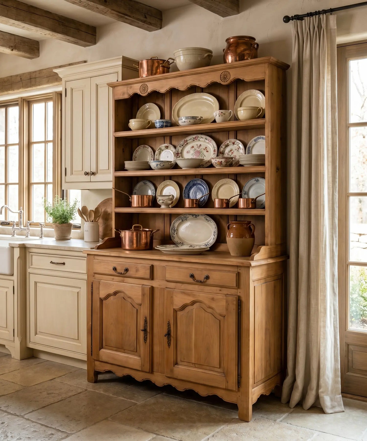 Aparador platero de madera en cocina rústica con vajilla y cobre — Antique Arte y Decoración
