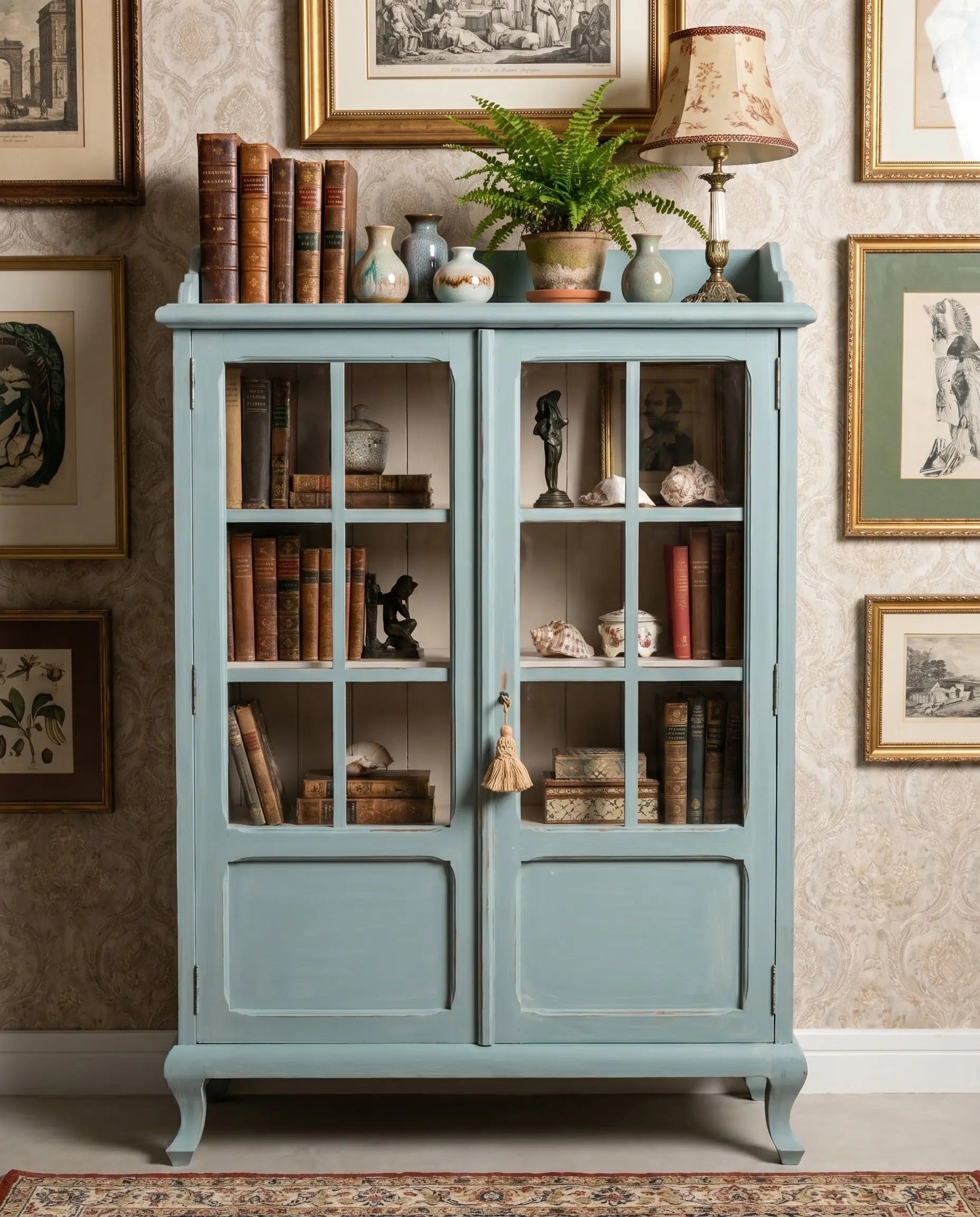 Vitrina azul cielo decorada con libros y cristalería en un salón clásico — Antique Arte y Decoración