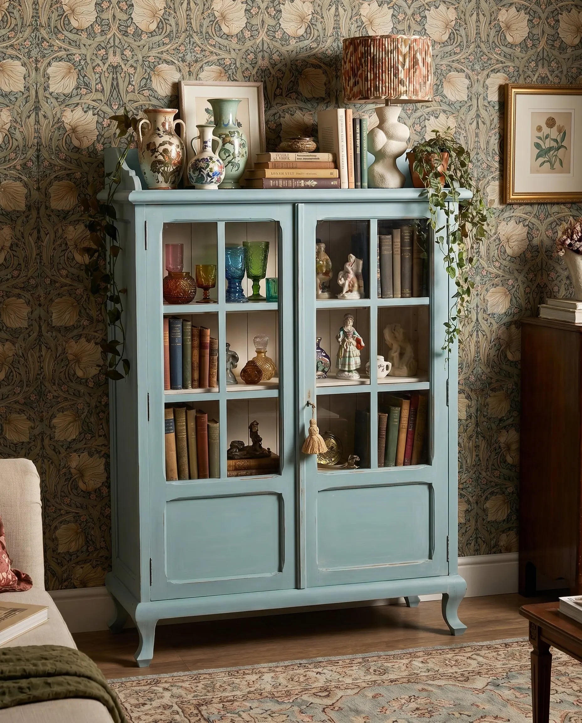 Vitrina azul cielo con colección de loza y libros en ambiente vintage — Antique Arte y Decoración