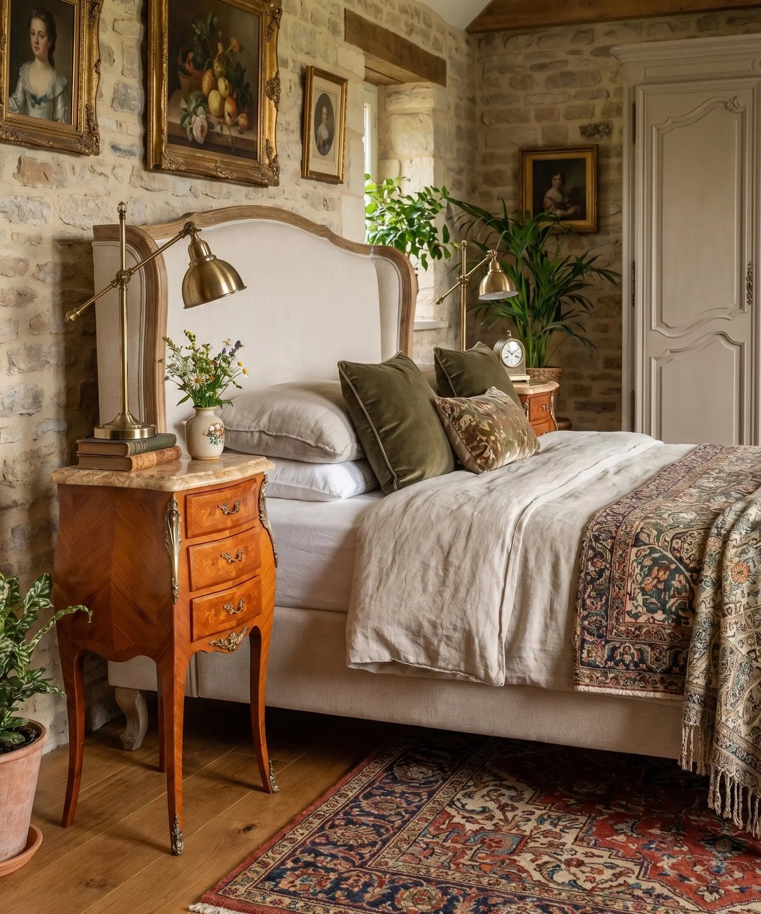 Pareja de mesitas de noche con marquetería floral y mármol (Estilo Francés)