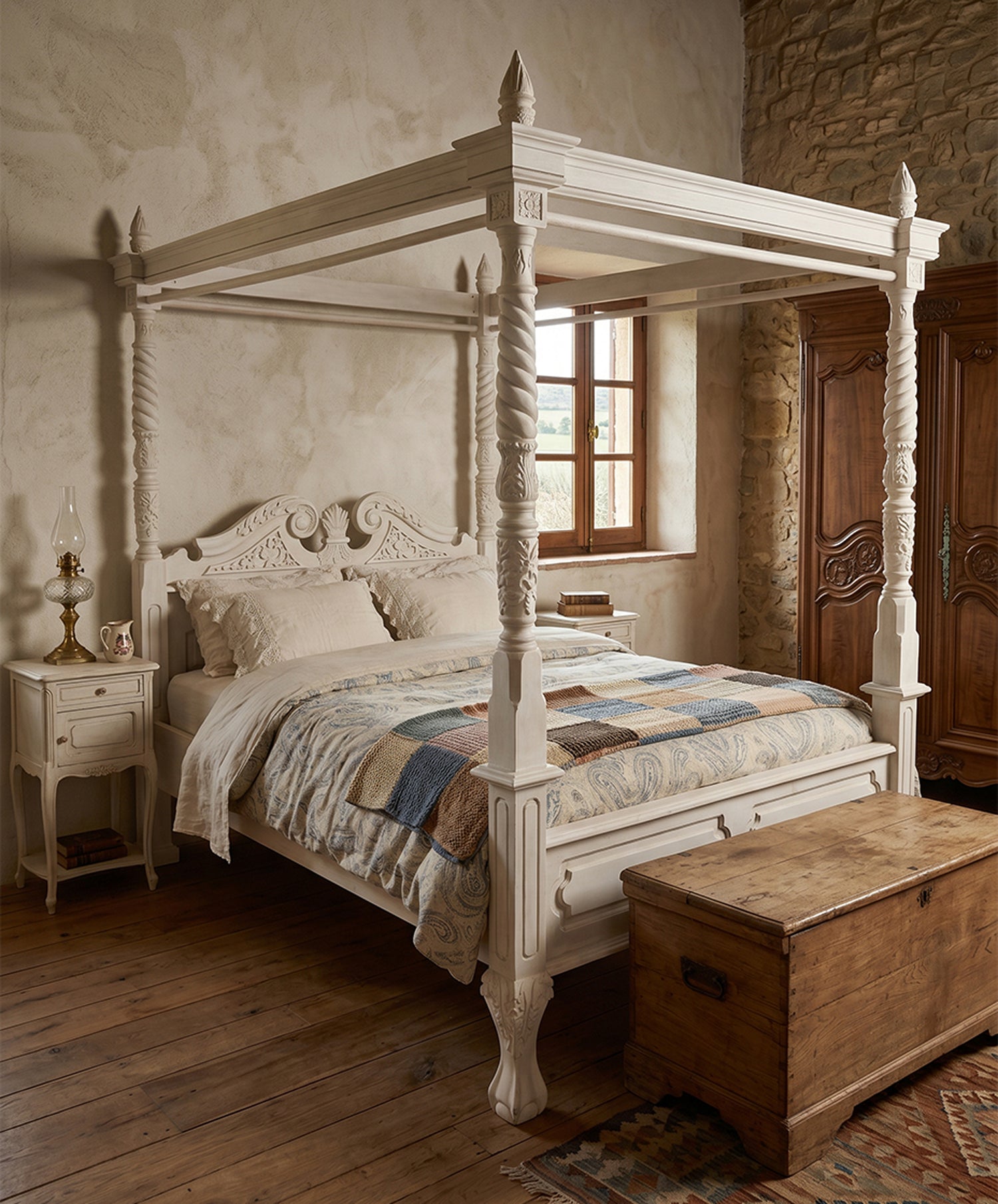Cama con dosel colonial en blanco decapado en dormitorio de piedra con armario de nogal — Antique Arte y Decoración