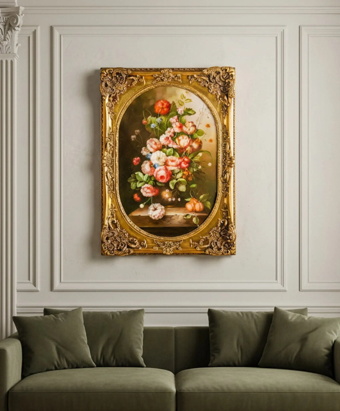 Cuadro bodegón floral óleo sobre lienzo marco dorado pan de oro en salón clásico — Antique Arte y Decoración