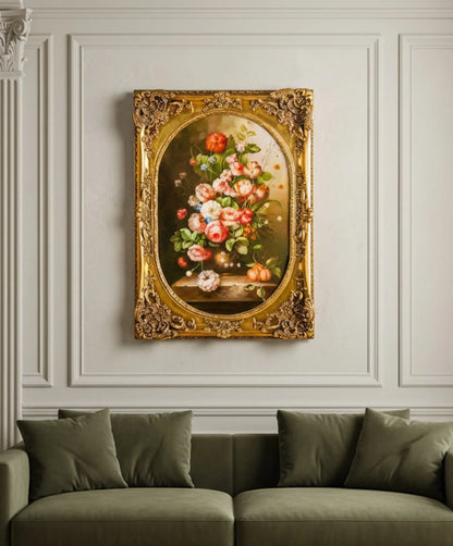 Cuadro bodegón floral óleo sobre lienzo marco dorado pan de oro en salón clásico — Antique Arte y Decoración