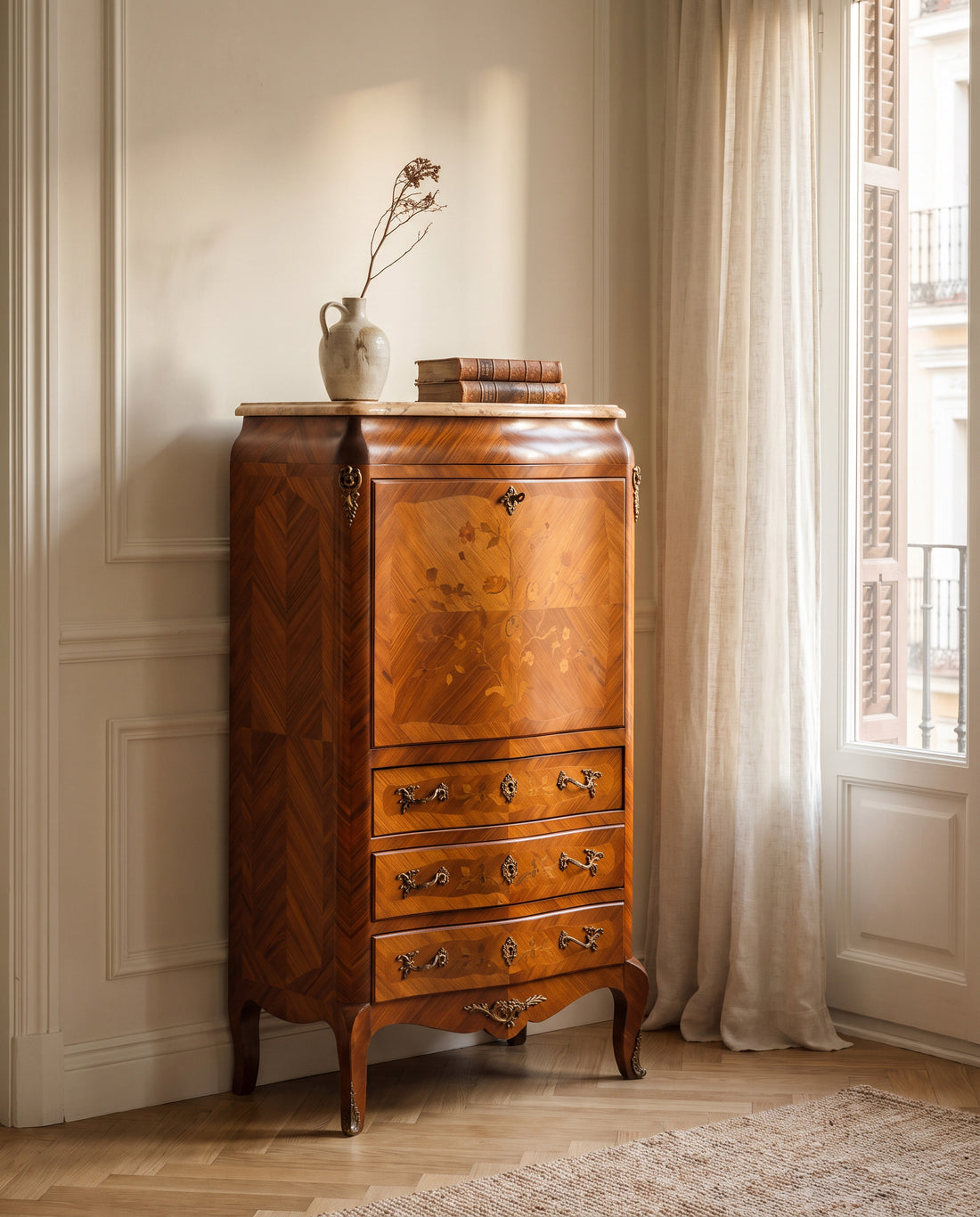 Escritorio Secreter Vintage con Marquetería Floral | Estilo Luis XV con Tapa de Mármol, Mediados S. XX